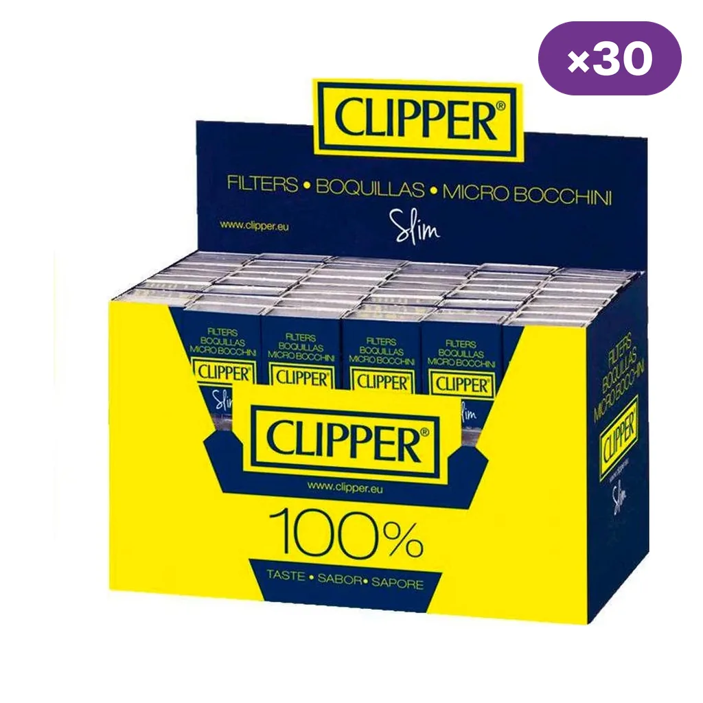 Expositor amarillo y azul de boquillas Clipper Slim con varias cajitas alineadas y distintivo de 30 unidades.