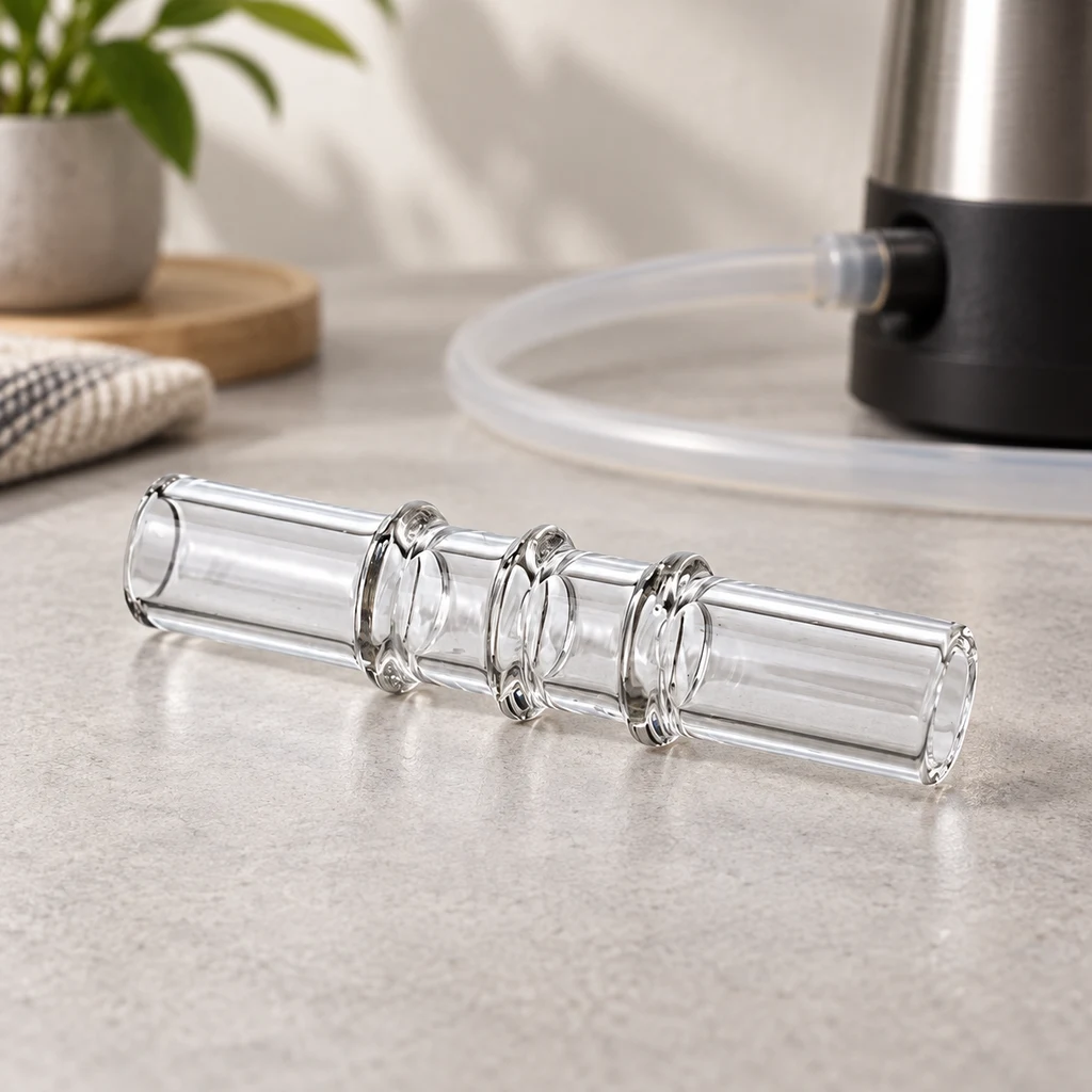 Boquilla de vidrio transparente para Arizer V-Tower, alargada y con anillos de relieve, sobre una encimera junto a un tubo flexible.