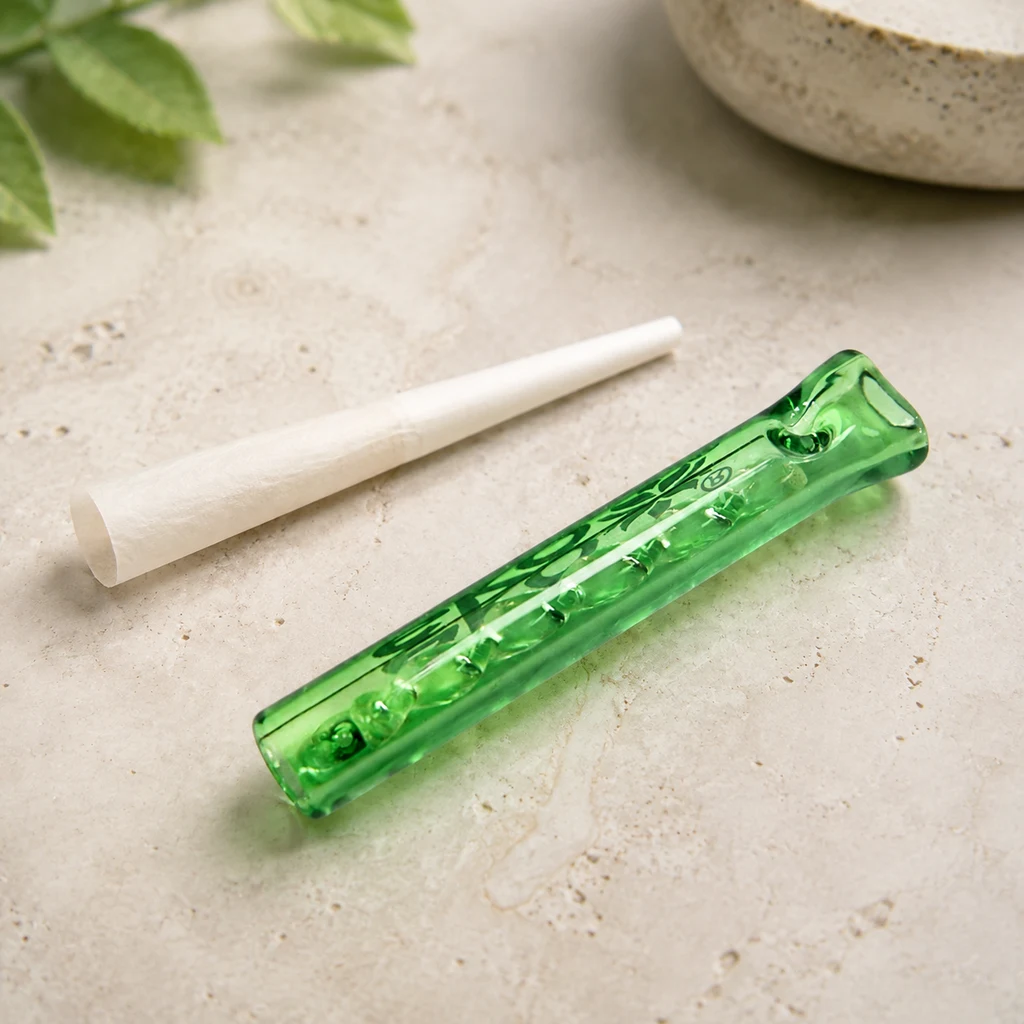 Filtro de vidrio verde Eko Puffs Twister con detalles internos en espiral, junto a un cono de papel blanco sobre una superficie clara en una escena generada.