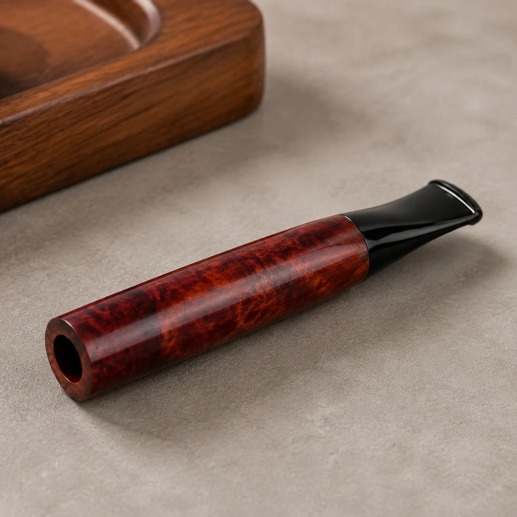 Boquilla para puro de madera de brezo, con cuerpo rojizo veteado y extremo negro, colocada en diagonal sobre una superficie gris.