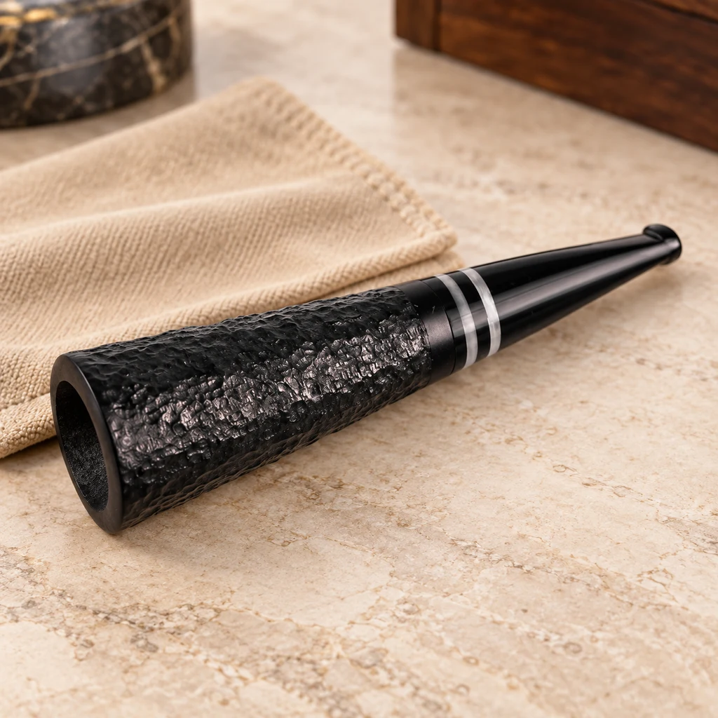 Boquilla para puro negra, de cuerpo ancho texturizado y extremo estrecho brillante, con dos anillos plateados, sobre una superficie beige.