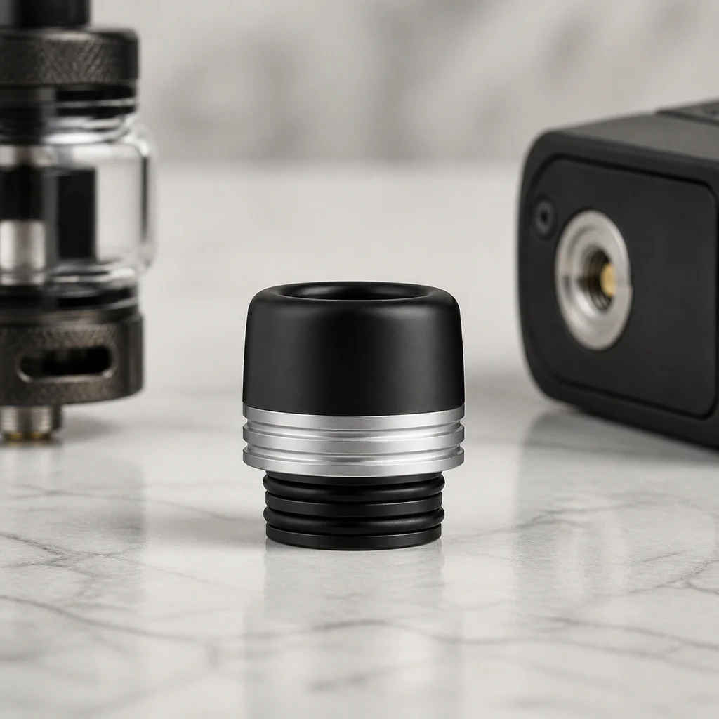 Boquilla Voopoo Drip Tip 810 negra con aro plateado y juntas negras, sobre una mesa con un depósito y un dispositivo desenfocados detrás.
