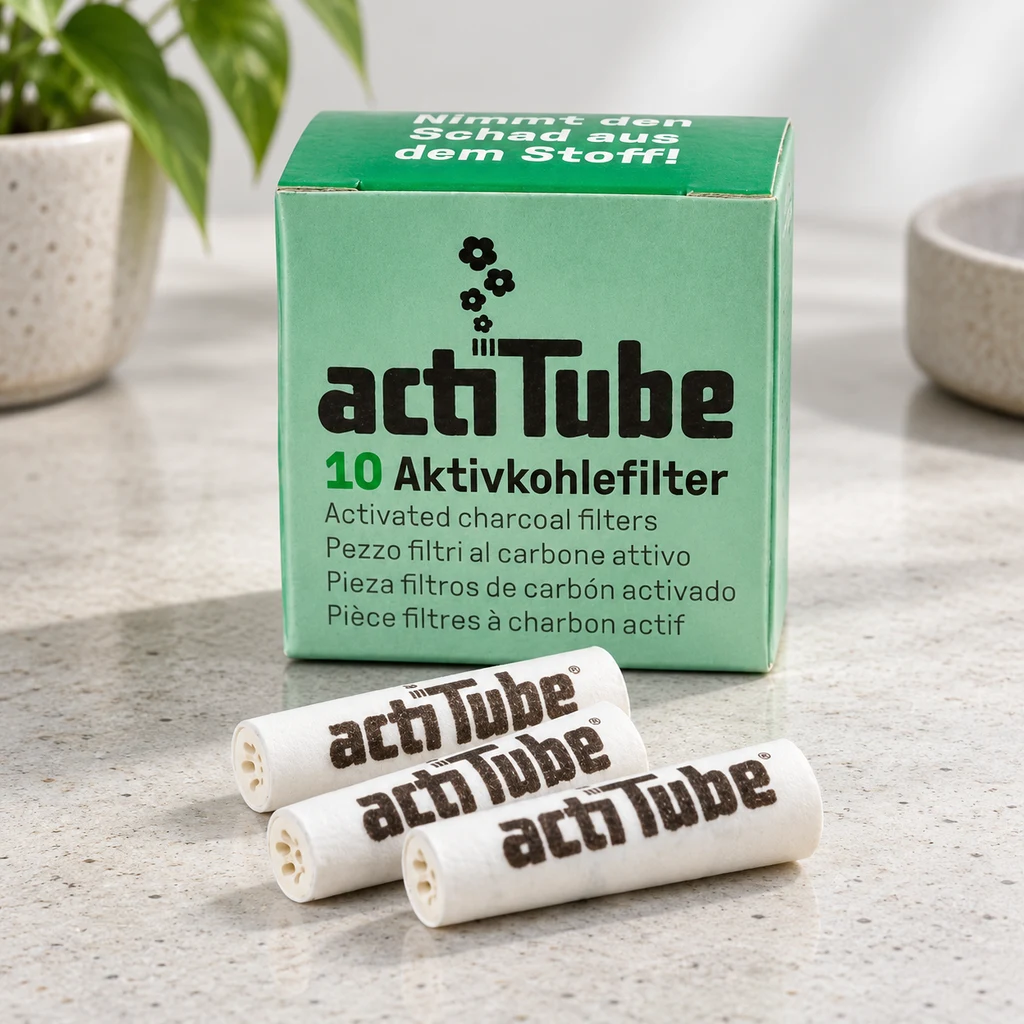 Caja verde ActiTube con el texto «10 Aktivkohlefilter» y tres filtros blancos con el logotipo marrón sobre una encimera clara.