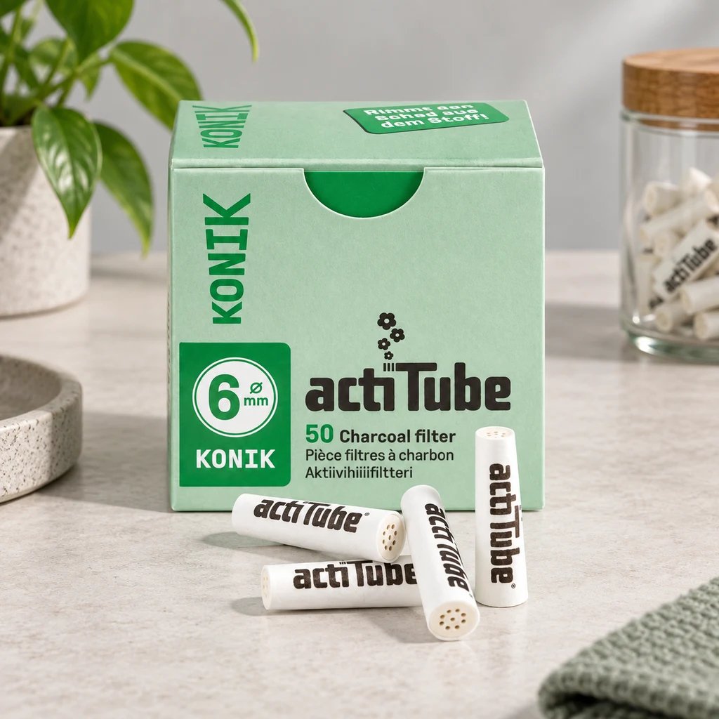 Caja verde actiTube Konik rotulada con 6 mm y 50 filtros, con varios filtros blancos delante sobre una mesa y un tarro al fondo.
