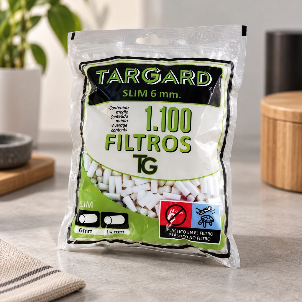 Bolsa transparente TarGard Slim con filtros blancos cilíndricos y etiqueta verde y negra que indica «1.100 filtros».