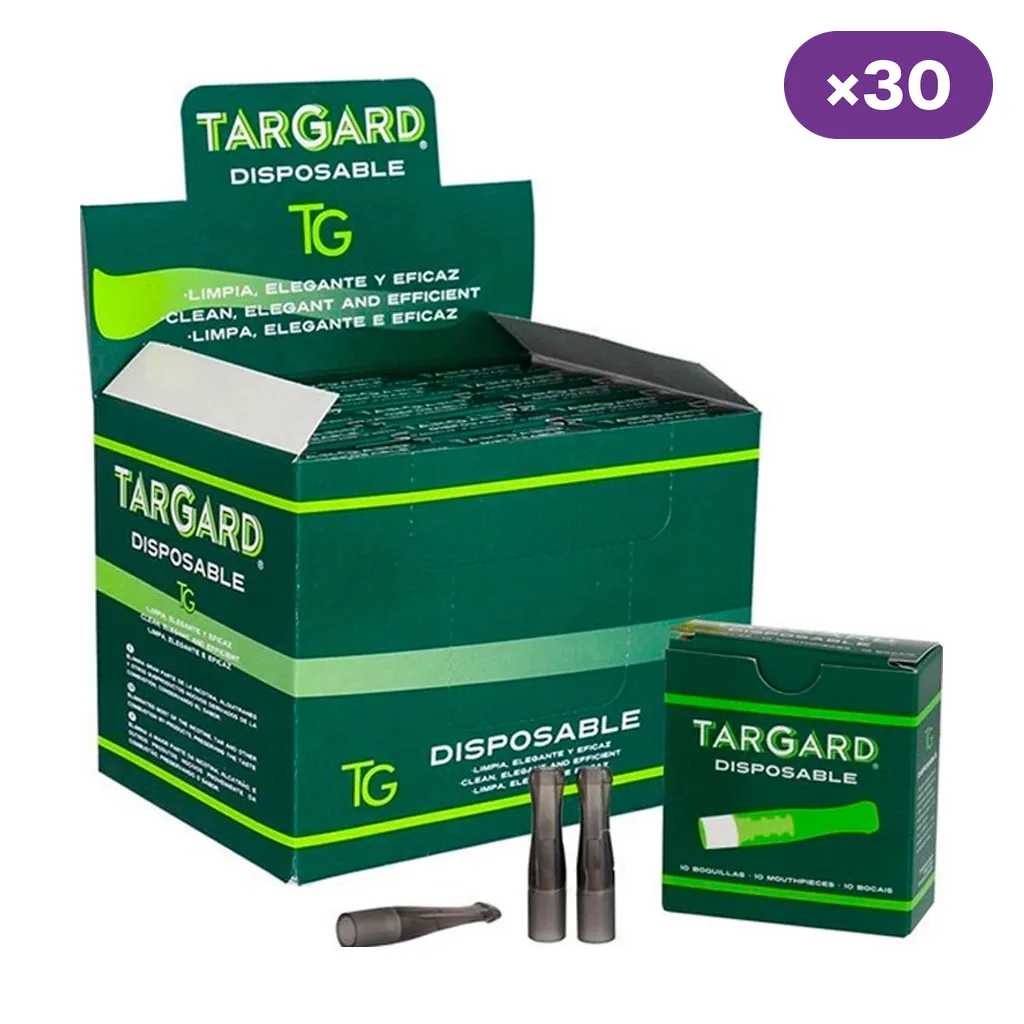Expositor verde de boquillas Targard Disposable con una cajetilla y varias boquillas grises delante; distintivo «×30».