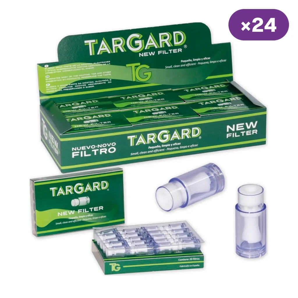 Expositor verde Targard New Filter con estuches y boquillas transparentes mostradas en distintas posiciones; distintivo «×24».