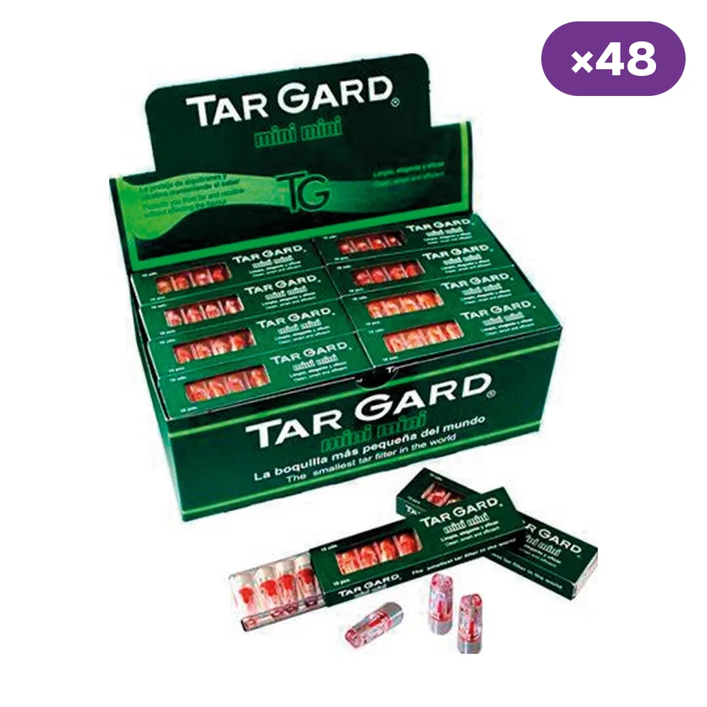 Expositor verde de boquillas Targard Minimini, con estuches abiertos y pequeñas boquillas transparentes con detalles rojos.