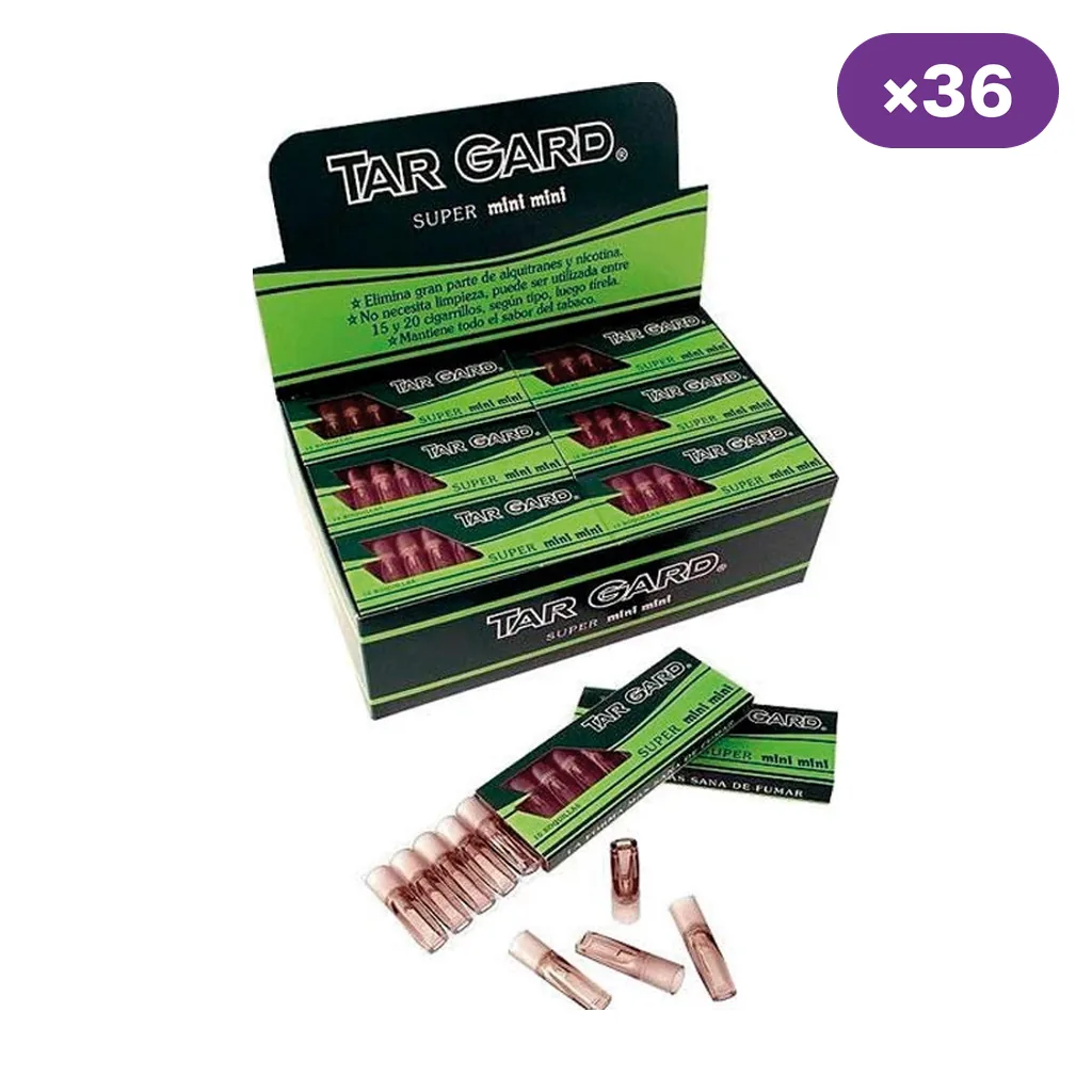 Expositor verde y negro Targard Super Mini Mini con indicador ×36, estuches delante y varias boquillas translúcidas sueltas.