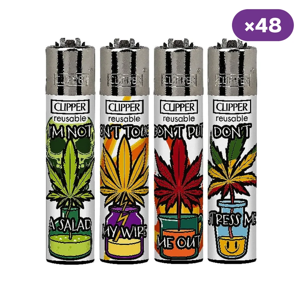 Selección de encendedores Clipper Botanicacore con hojas de cannabis de distintos colores y frases decorativas; distintivo de 48 unidades.