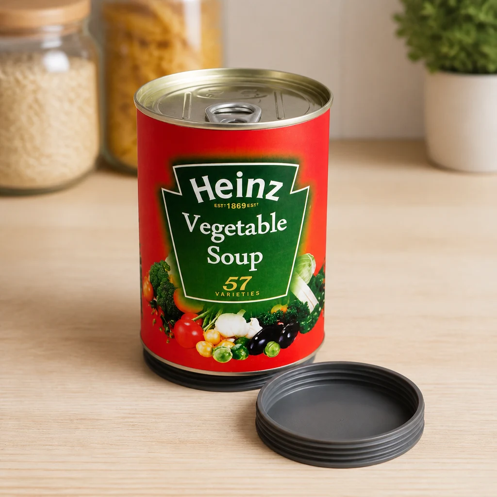 Lata de camuflaje con etiqueta roja de sopa de verduras Heinz y tapa de rosca separada, sobre una encimera de cocina.