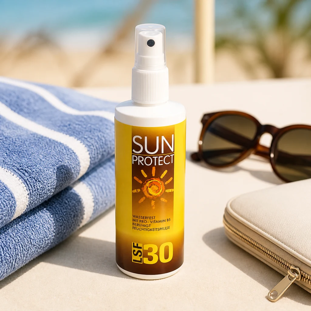 Bote blanco con pulverizador y etiqueta amarilla «SUN PROTECT LSF 30», entre una toalla azul, gafas de sol y un estuche junto a la playa. Bote blanco con pulverizador y etiqueta amarilla «SUN PROTECT LSF 30», entre una toalla azul, gafas de sol y un estuche junto a la playa.
