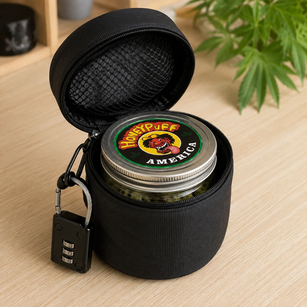 Tarro de vidrio con tapa HoneyPuff dentro de una funda negra abierta, con bolsillo de malla y candado de combinación sobre una mesa.