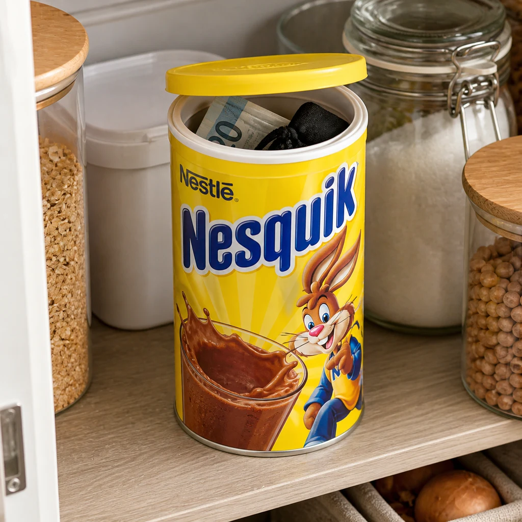 Escena generada de un bote de camuflaje Nesquik abierto, con billetes y un objeto negro dentro, entre tarros de alimentos en una despensa. Escena generada de un bote de camuflaje Nesquik abierto, con billetes y un objeto negro dentro, entre tarros de alimentos en una despensa.