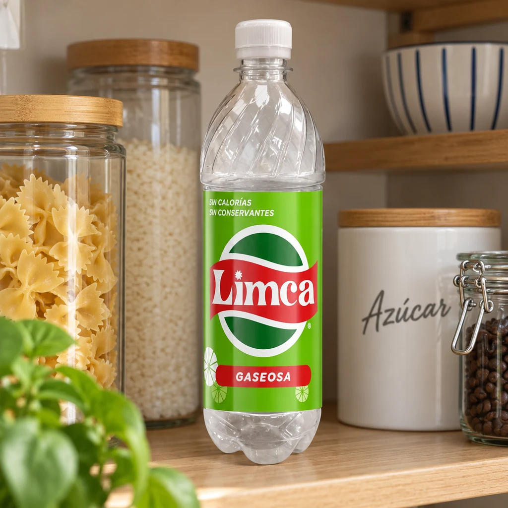 Bote secreto con apariencia de botella Limca Gaseosa, etiqueta verde y tapón blanco, situado entre tarros en una despensa.