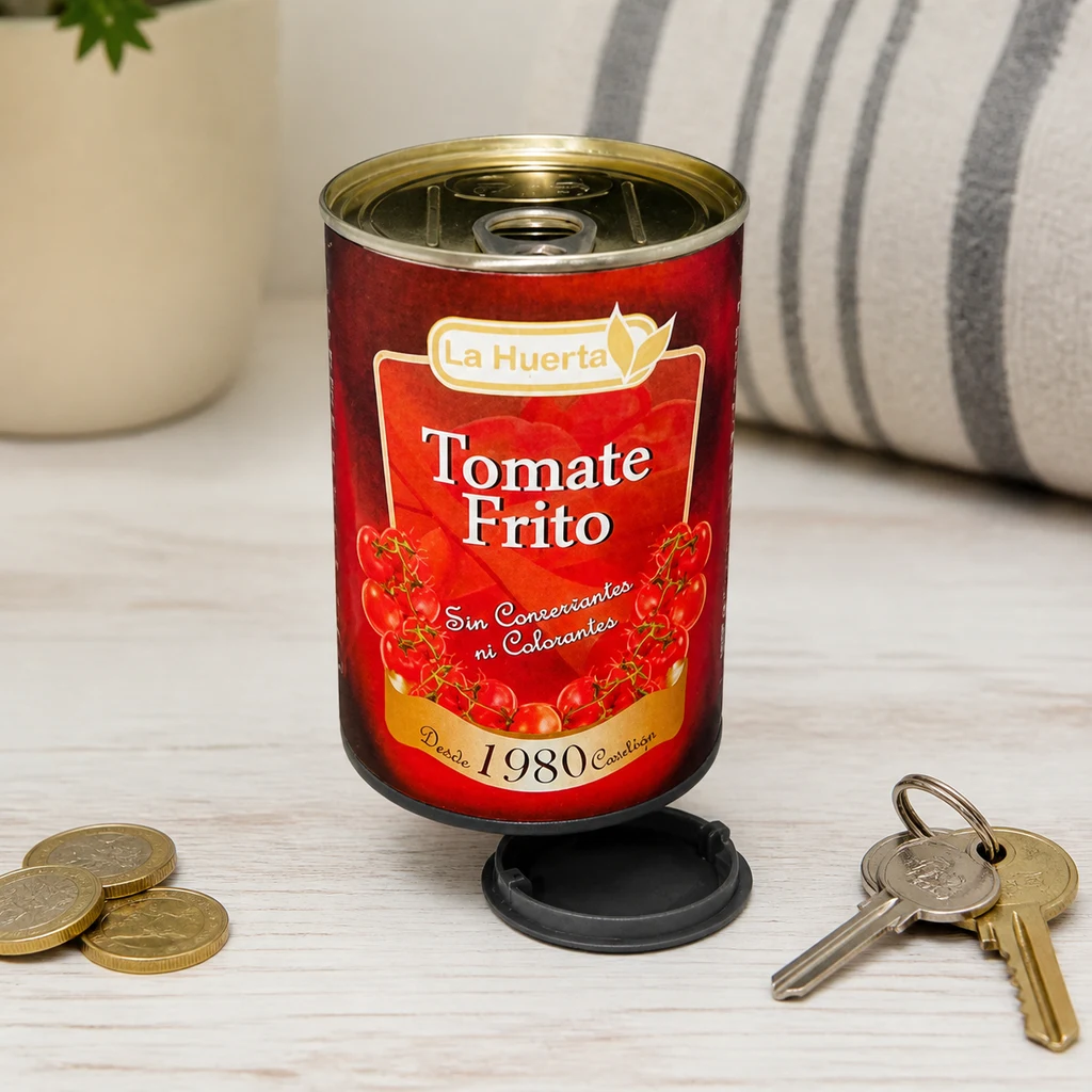 Bote con etiqueta roja de tomate frito y tapa inferior negra retirada, sobre una mesa junto a monedas y llaves. Bote con etiqueta roja de tomate frito y tapa inferior negra retirada, sobre una mesa junto a monedas y llaves.