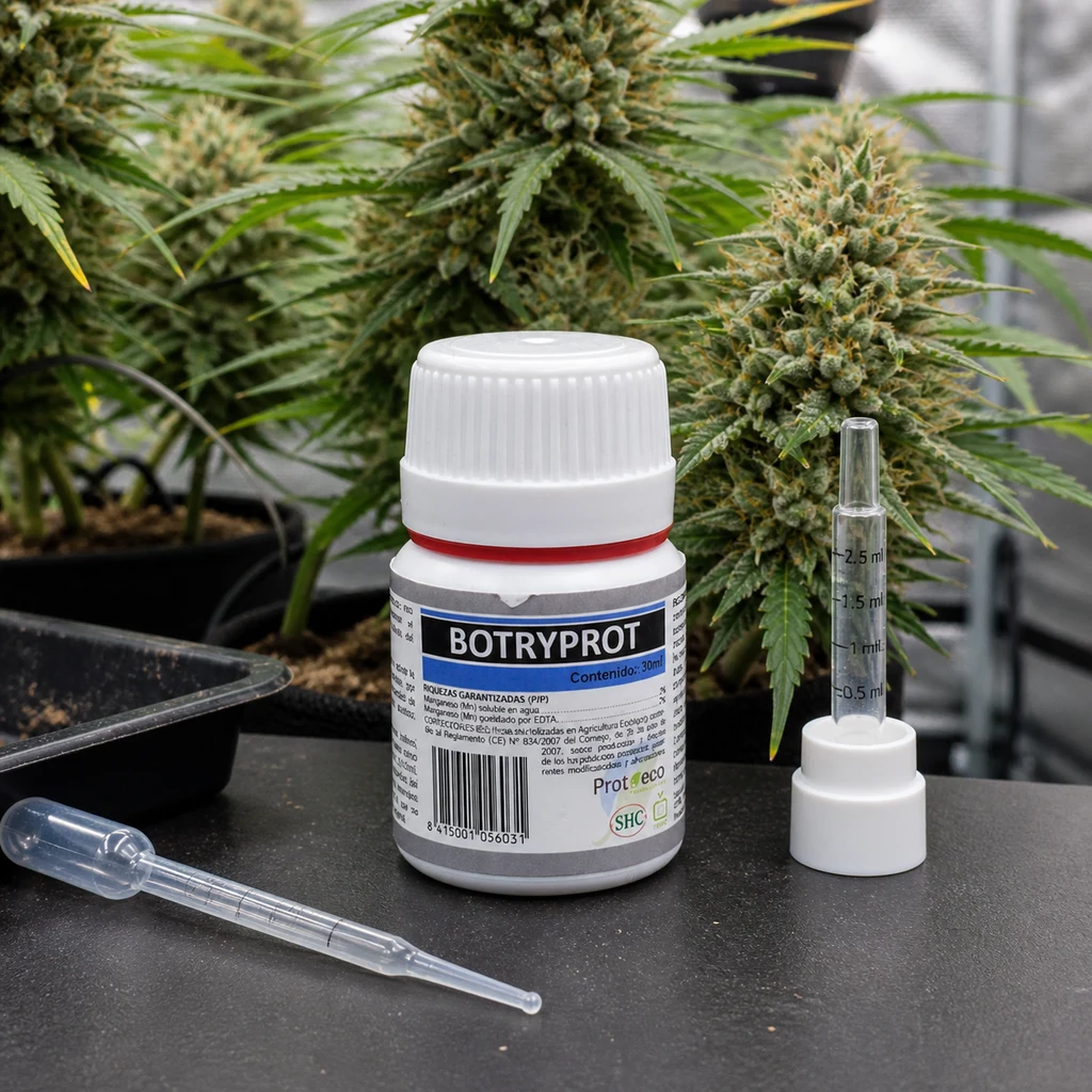 Escena generada de un bote de Botryprot Prot-Eco con pipeta y dosificador graduado, sobre una mesa ante plantas de cannabis en flor.