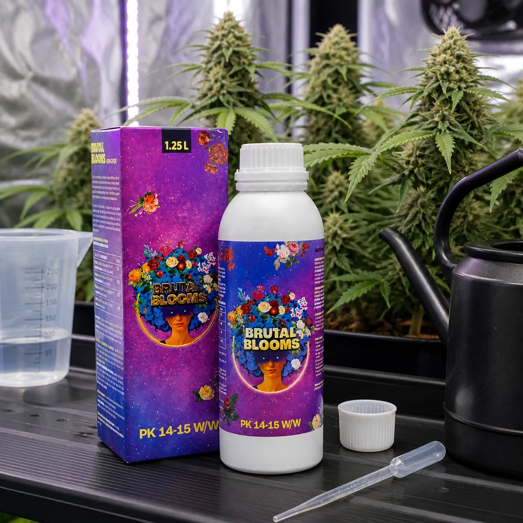 Botella y caja de Brutal Blooms con etiquetas moradas, junto a una pipeta, un vaso medidor y una regadera, con plantas de cannabis al fondo.