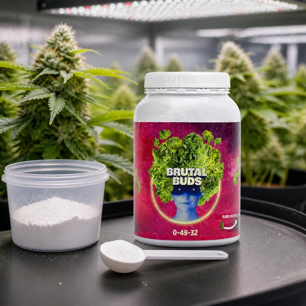 Bote de Brutal Buds con etiqueta 0-49-32 junto a un recipiente de polvo blanco y una cuchara, con plantas al fondo bajo luces.