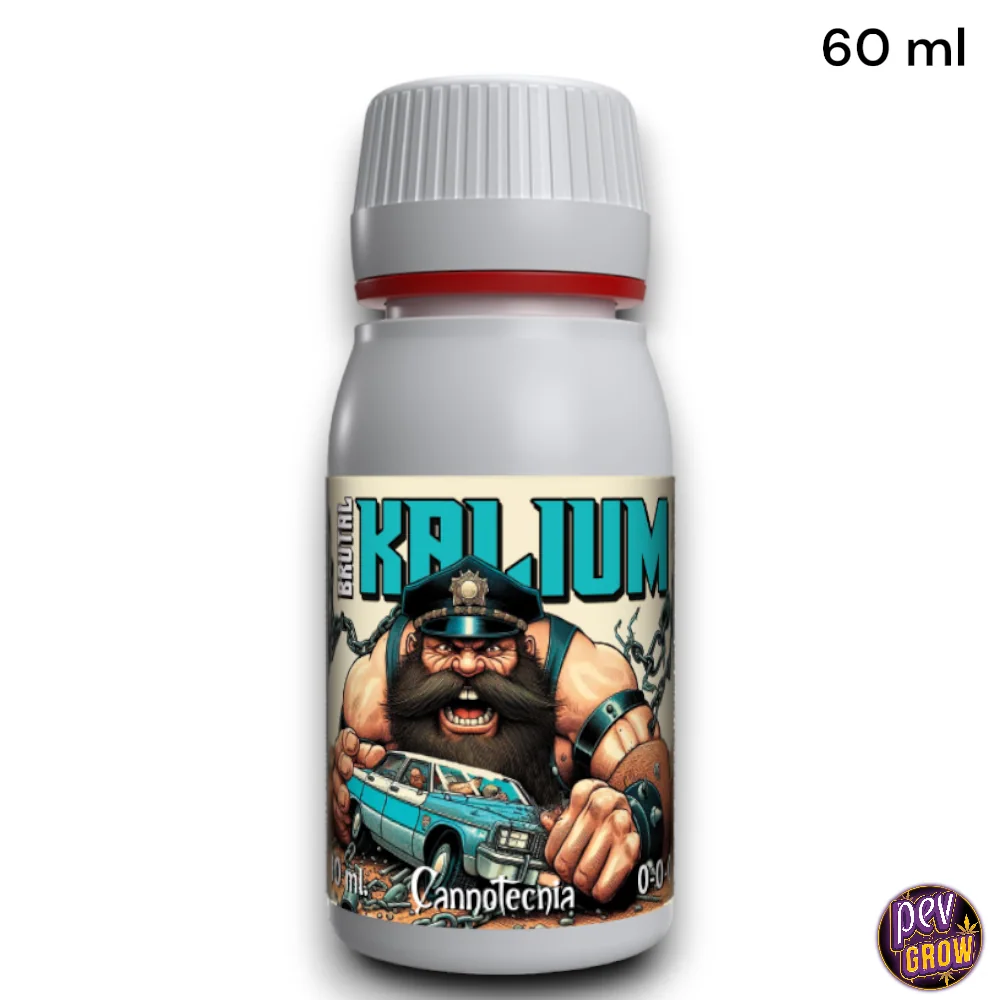 Bote de Brutal Kalium Cannotecnia con tapón blanco y etiqueta ilustrada con un personaje barbudo y un coche; aparece el texto 60 ml.