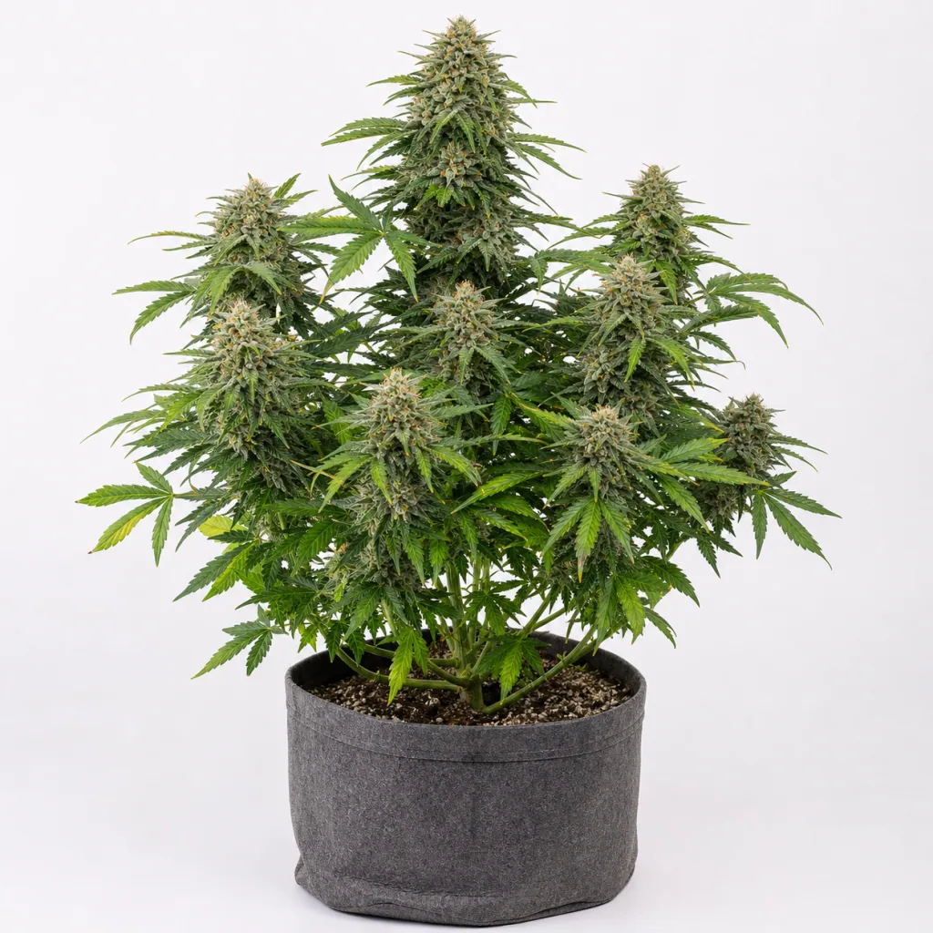 Planta de Bubblegum Extra Auto – Bulk Seeds en maceta gris, con cogollos alargados y abundantes hojas verdes sobre fondo blanco.