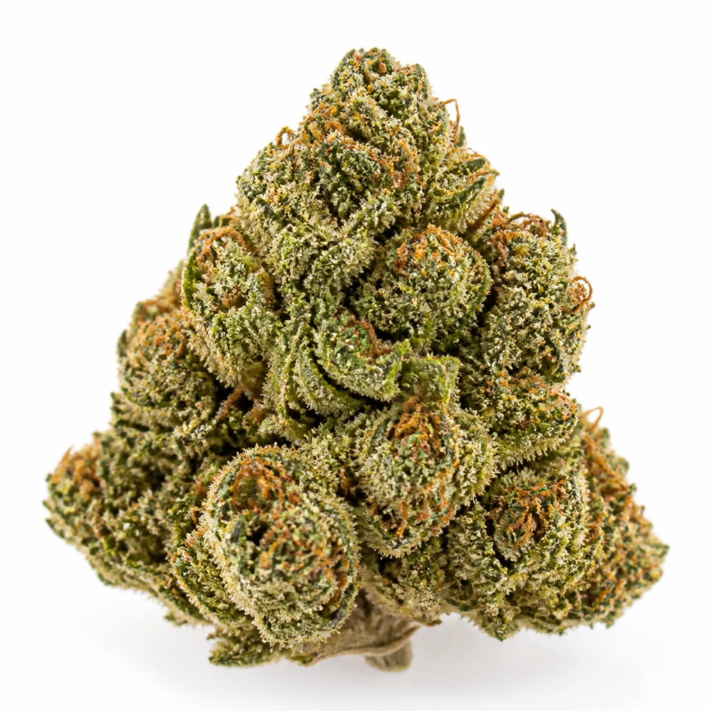Ilustración de un cogollo de forma cónica, verde y con pistilos anaranjados, para la ficha de Bubble Kush Feminizada de Royal Queen Seeds.