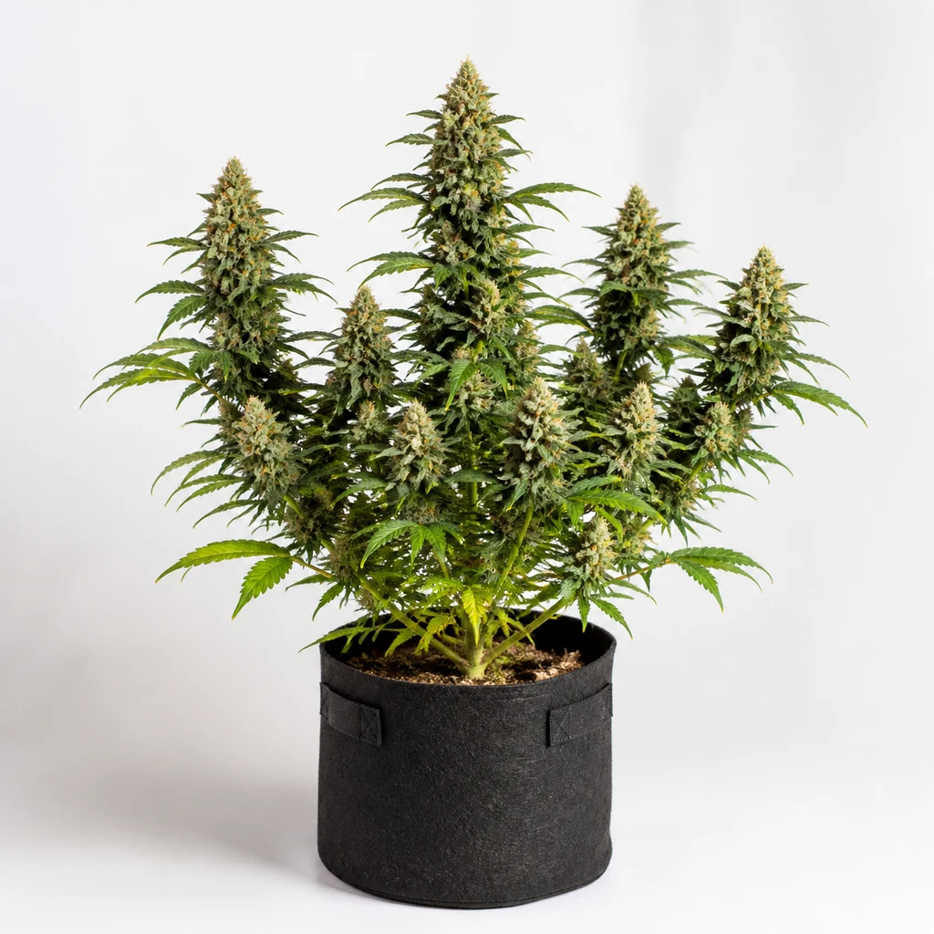Ilustración de una planta en floración para la ficha de Bubblelicious Auto, con varios cogollos y hojas verdes en una maceta negra de tela.