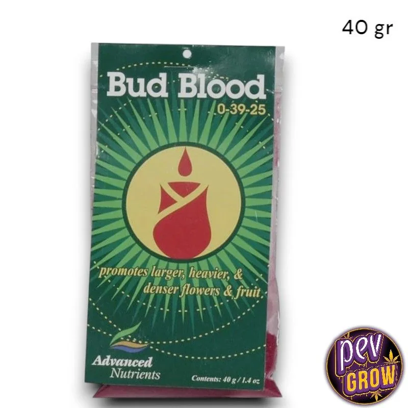 Sobre de Bud Blood de Advanced Nutrients con etiqueta verde, fórmula 0-39-25 y contenido indicado de 40 g.