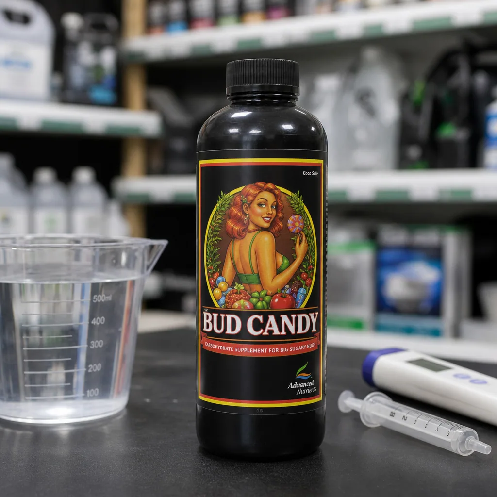 Botella negra de Bud Candy Advanced Nutrients sobre una mesa, junto a un vaso graduado con líquido, una jeringa y un medidor digital. Botella negra de Bud Candy Advanced Nutrients sobre una mesa, junto a un vaso graduado con líquido, una jeringa y un medidor digital.