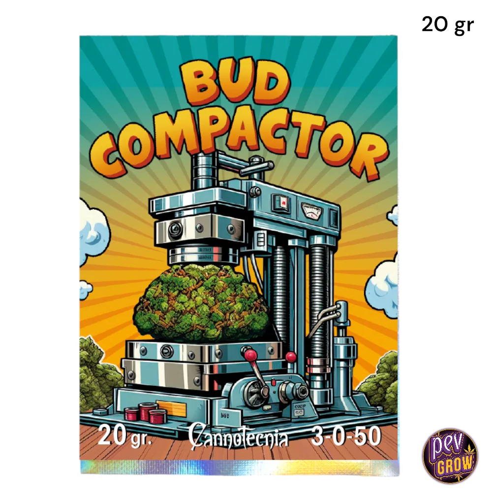 Envase de Bud Compactor Cannotecnia con una prensa ilustrada sobre un cogollo, fondo de rayos y las inscripciones «20 gr.» y «3-0-50».