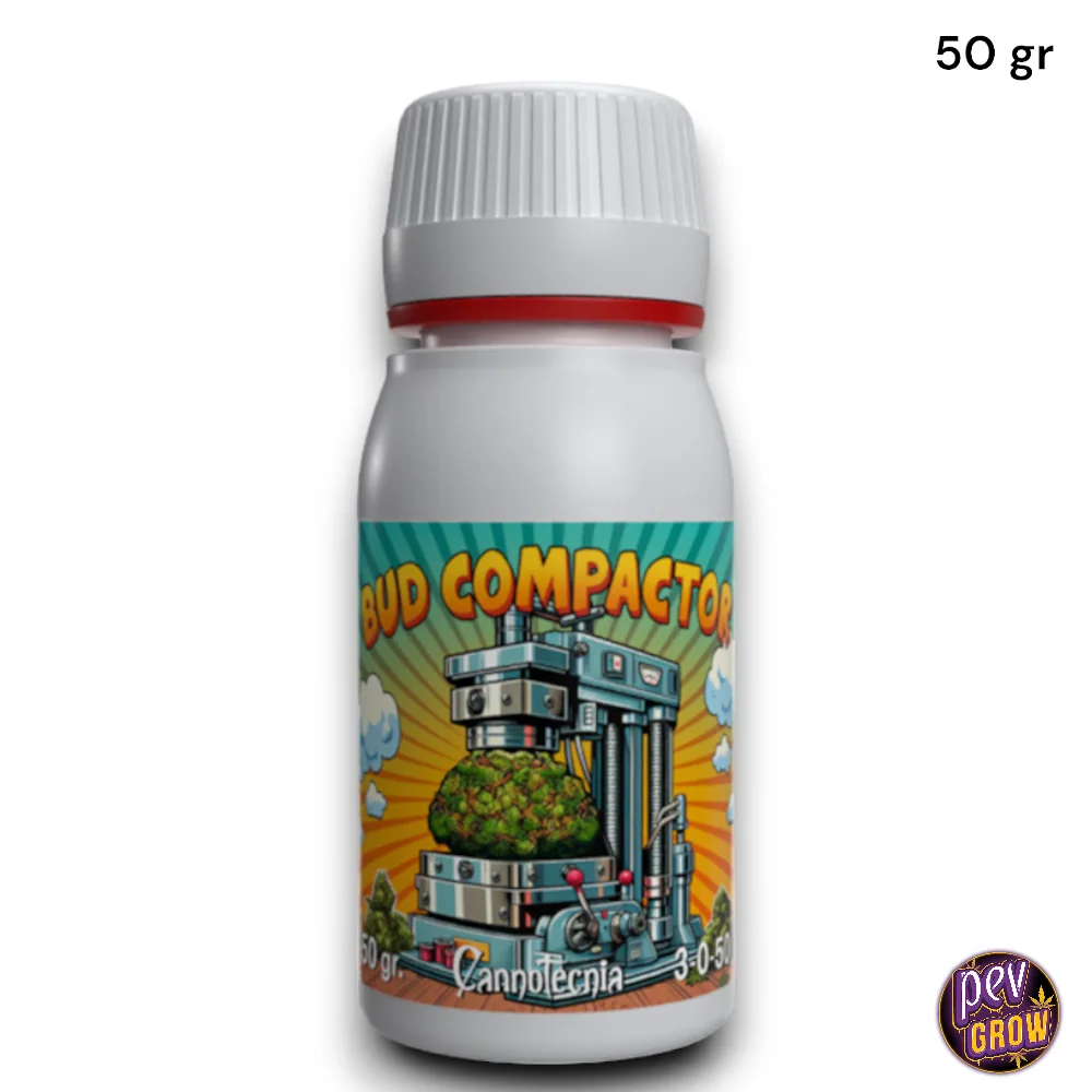 Bote de Bud Compactor Cannotecnia con tapón blanco y etiqueta ilustrada con una prensa y un cogollo; texto de 50 gr en la esquina.