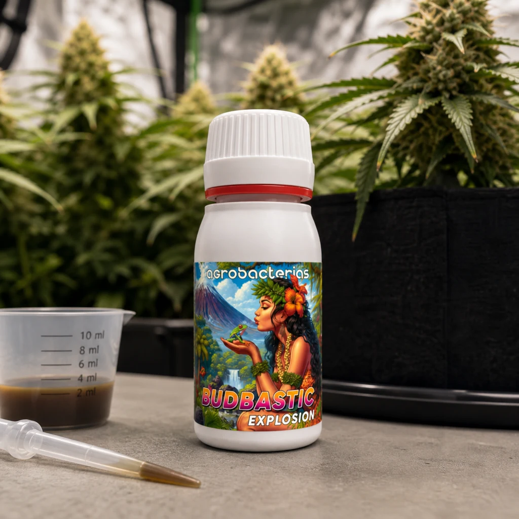 Escena generada con un bote de Budbastic Explosion junto a un vaso graduado y una pipeta, frente a plantas de cannabis en floración.