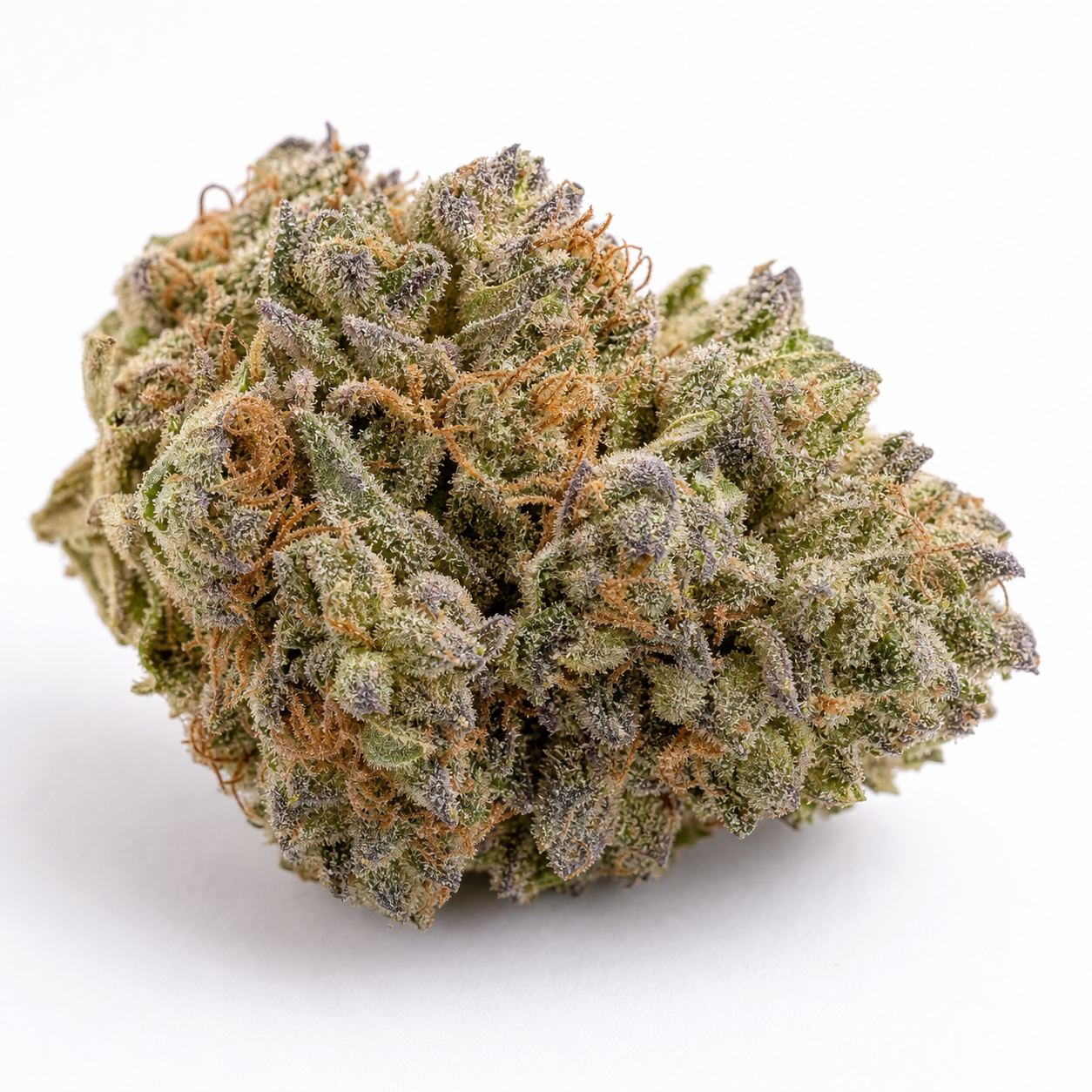 Cogollo de C4-Matic 420 de Fast Buds en primer plano, con tonos verdes y morados, pistilos anaranjados y abundantes tricomas.