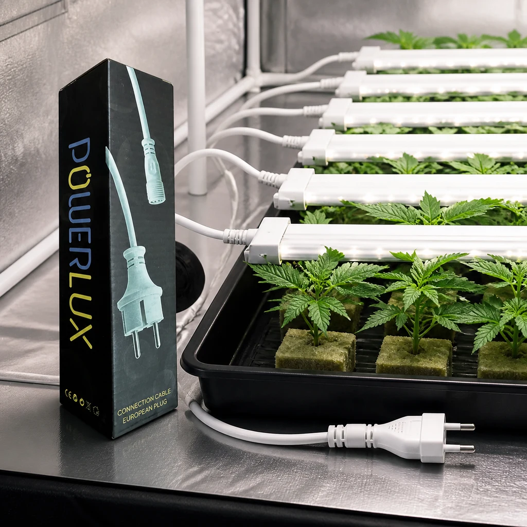 Escena generada de un cable blanco con enchufe europeo junto a su caja Powerlux, barras de luz y una bandeja con plantas jóvenes.