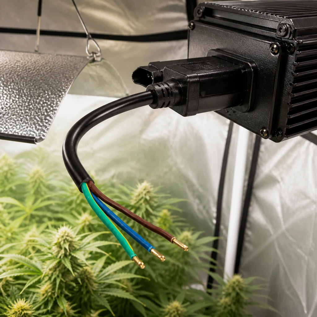 Escena generada de un cable negro conectado a un balasto, con hilos de colores y terminales expuestos sobre plantas de cannabis.