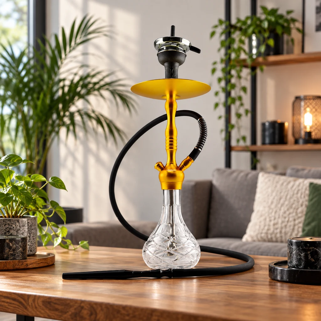 Cachimba Aladin ALU5 dorada con base transparente tallada y manguera negra sobre una mesa de madera, en un salón con sofá y plantas.