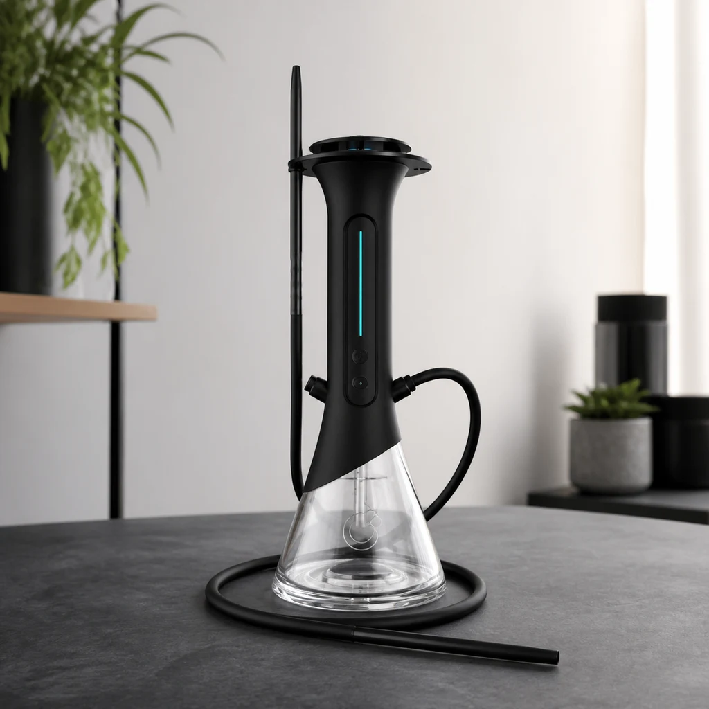 C2 HOOKAH negra sobre una mesa, con base transparente cónica, luz vertical turquesa y manguera enrollada con boquilla alargada.