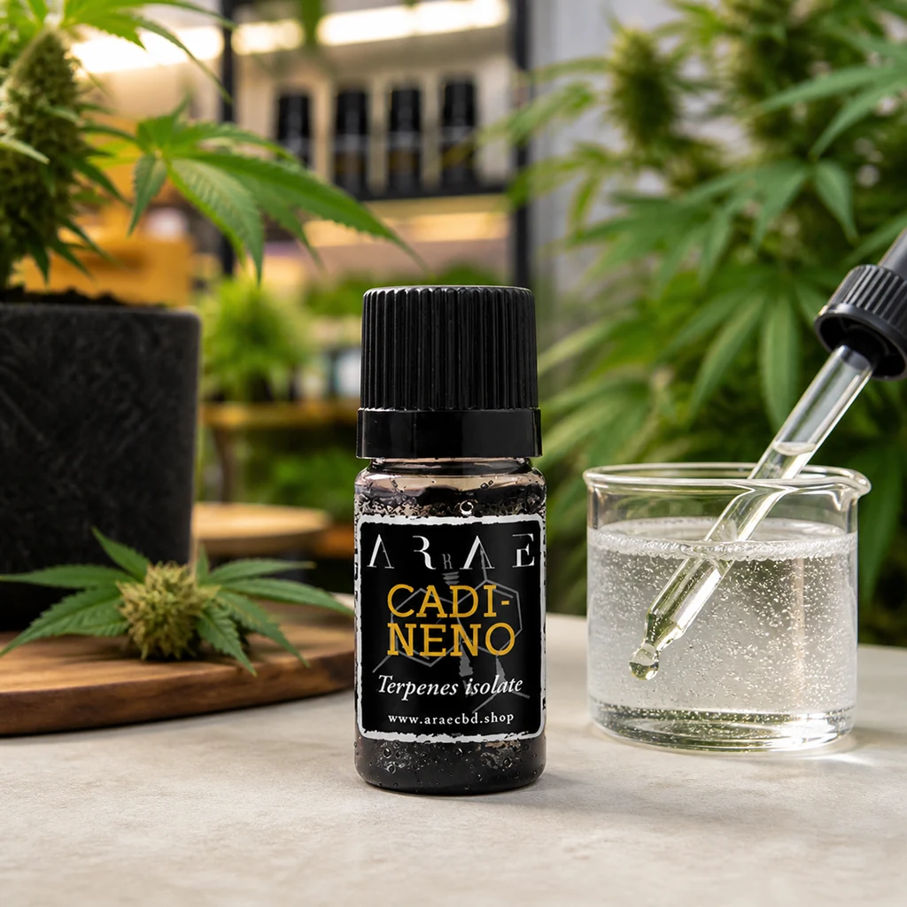 Frasco de Cadineno con tapón negro junto a un vaso con líquido transparente y una pipeta, con plantas de cannabis al fondo.