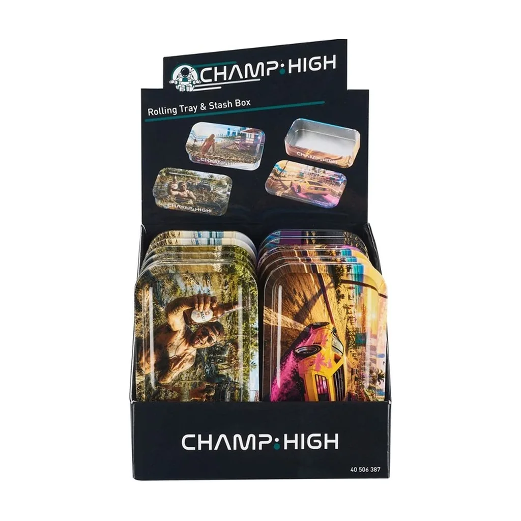 Expositor Champ High con varias cajas y bandejas rectangulares de esquinas redondeadas, decoradas con escenas y coches de colores.