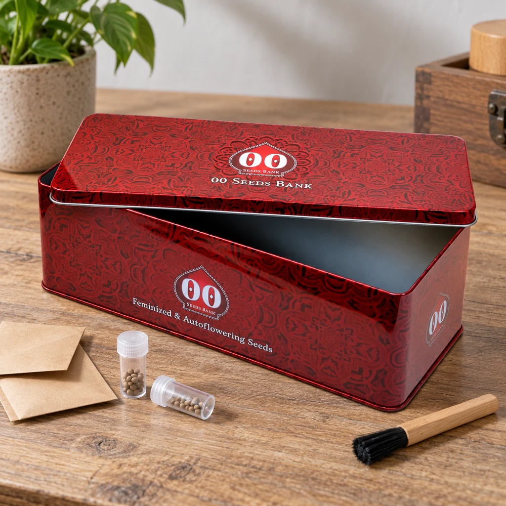 Caja roja de 00 Seeds Bank con tapa entreabierta sobre una mesa de madera, junto a viales con semillas, sobres y un pincel.