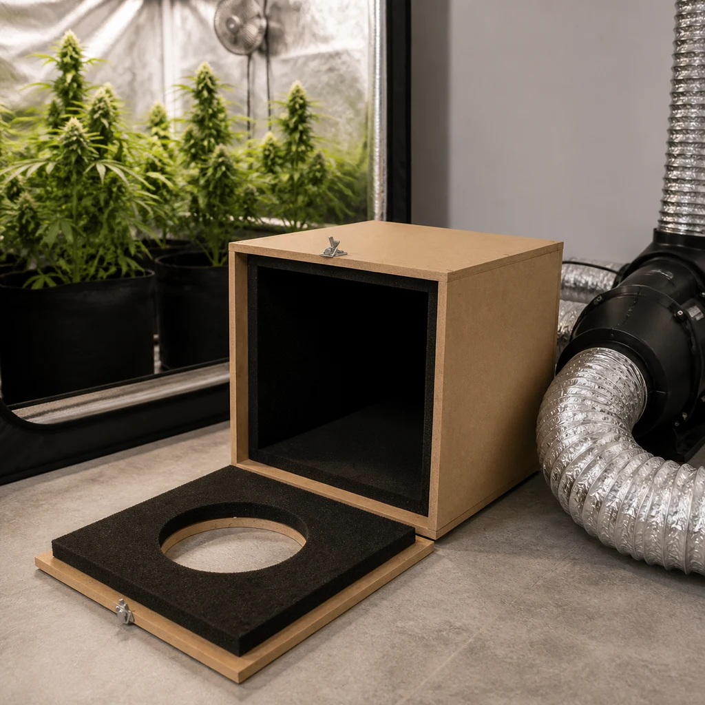 Escena generada de una caja antirruido abierta, con revestimiento negro y tapa perforada, junto a un extractor y conductos de ventilación.