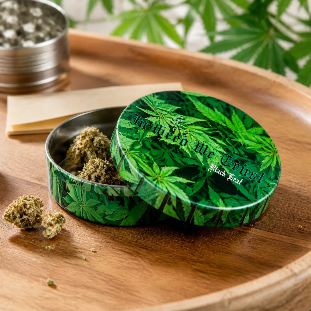 Caja redonda abierta con estampado de hojas de marihuana y cogollos dentro, sobre una bandeja de madera junto a papel y un grinder.