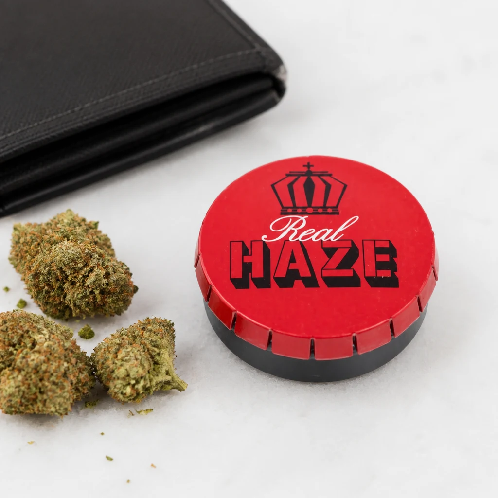 Caja redonda Real Haze con tapa roja, base negra y dibujo de una corona, junto a varios cogollos y una cartera negra.