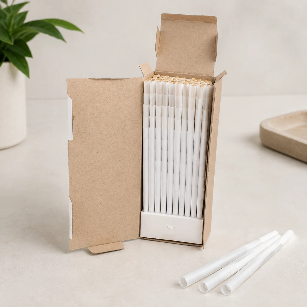 Caja de cartón abierta con varias unidades de conos blancos en vertical y otros conos sueltos sobre la mesa.