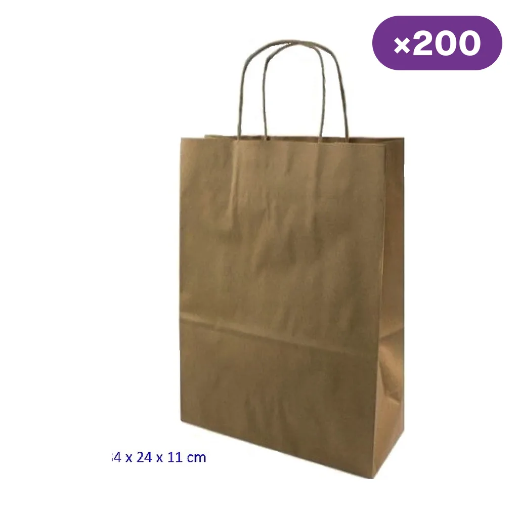 Bolsa de papel marrón con asas rizadas y fuelle lateral, de 34 × 24 × 11 cm, con distintivo de 200 unidades.