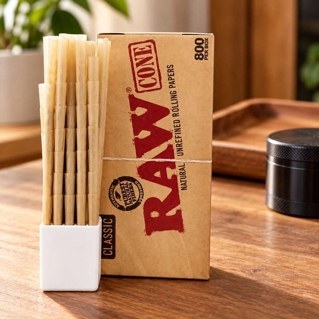 Conos preenrollados RAW Classic en un soporte blanco junto a una caja rotulada «800 per box», sobre una mesa con bandeja y grinder.