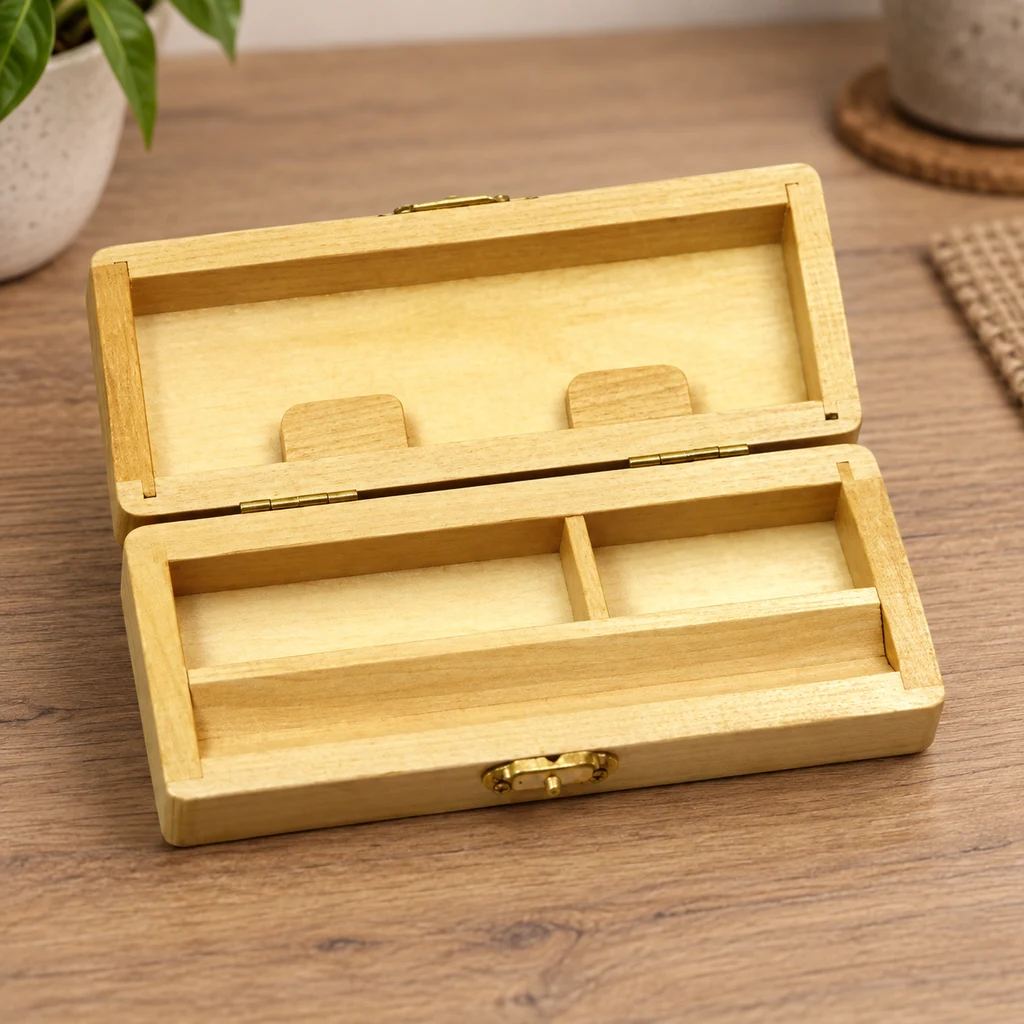 Caja de fumador abierta, de aspecto de madera clara, con compartimentos interiores, bisagras y cierre dorados sobre una mesa.