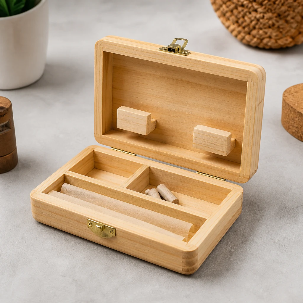 Caja de fumador Roll Tray abierta, de madera clara, con compartimentos, papel de liar y cierre metálico dorado.