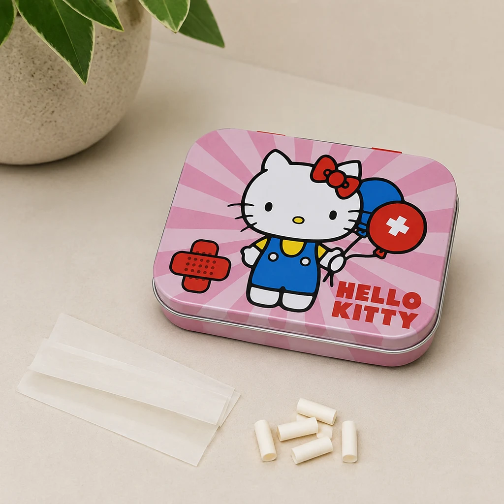 Caja rosa de Hello Kitty con dibujos de una tirita y una cruz blanca, junto a papeles y pequeños cilindros claros sobre una mesa.