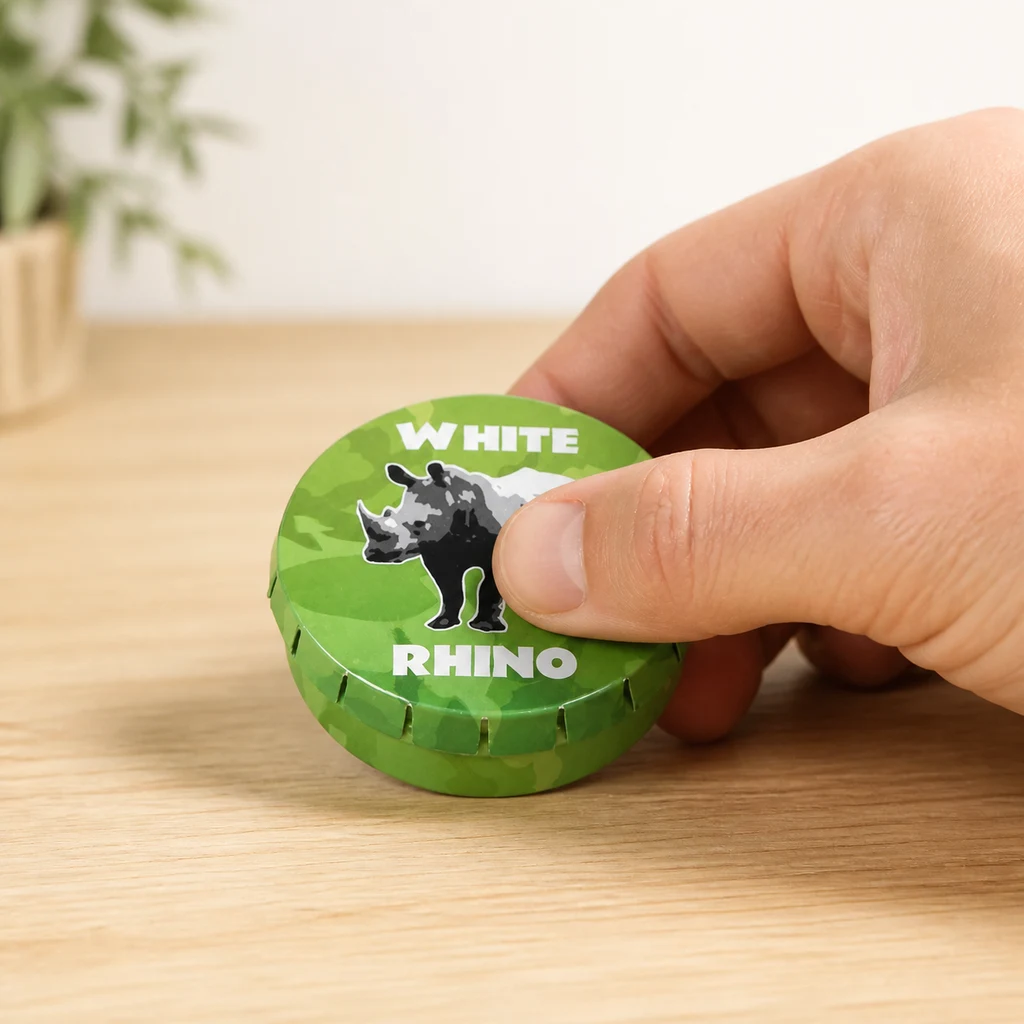 Una mano presiona la tapa de una caja redonda verde White Rhino, decorada con un rinoceronte, sobre una mesa de madera.